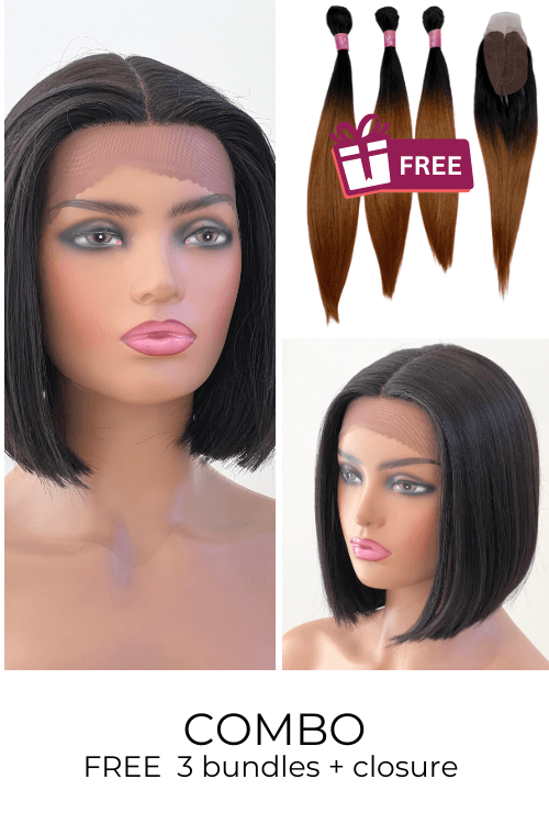 Combo: 10inch Bob Lace Front Synthetic Hair Wig + FREE 3 Synthetic Bundle & Closure