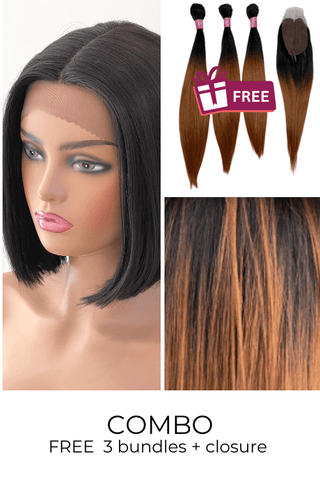 Combo: 10inch Bob Lace Front Synthetic Hair Wig + FREE 3 Synthetic Bundle & Closure