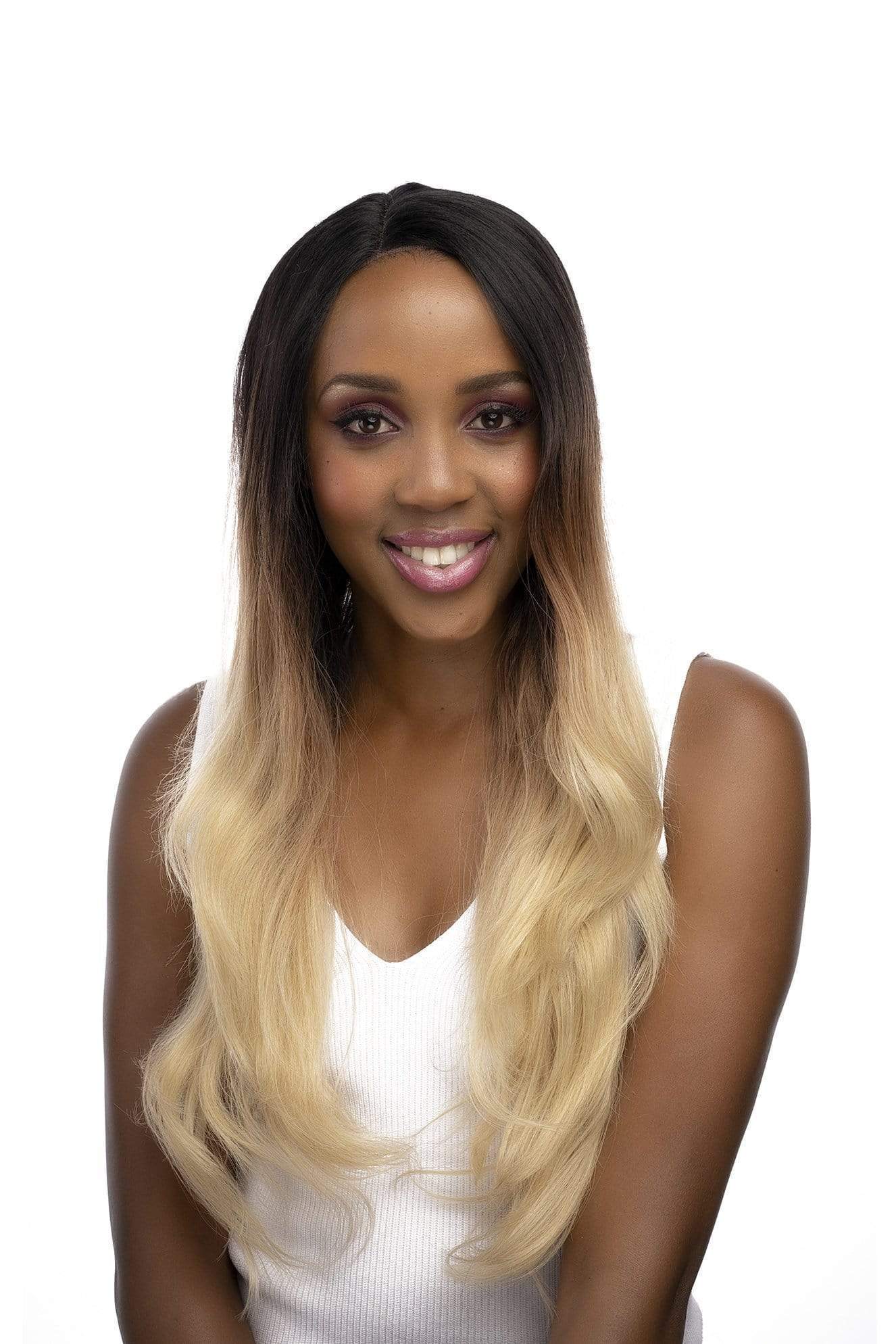 Get In Line Wig 27" Long Straight 27inch Lace Front T-Part Synthetic Hair Wig Ombre blond