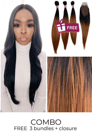 Combo: 26inch Lace Front Synthetic Hair Wig + FREE 3 Synthetic Bundle & Closure