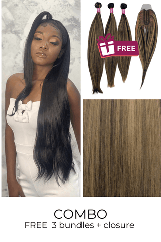 Combo: 27inch Full Frontal Synthetic Hair Wig + FREE 3 Synthetic Bundle & Closure