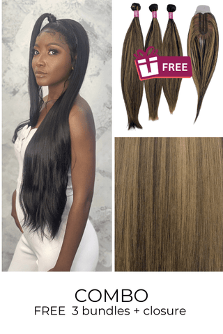 Combo: 27inch Full Frontal Synthetic Hair Wig + FREE 3 Synthetic Bundle & Closure