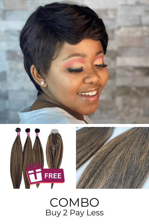 LolaSilk Wig Combo Combo: Pixie Straight Brazilian Hair Wig + FREE 3 Synthetic Bundle & Closure