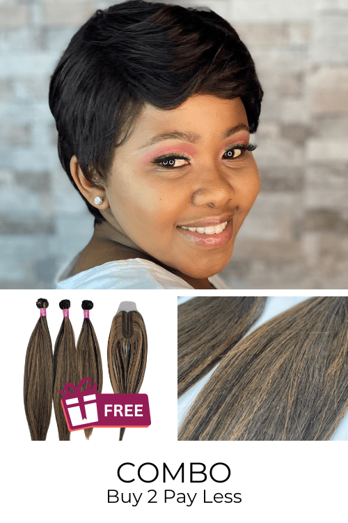 LolaSilk Wig Combo Combo: Pixie Straight Brazilian Hair Wig + FREE 3 Synthetic Bundle & Closure