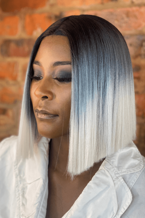 Double Edged Wig Straight Bob 10inch Lace Front Middle Part Synthetic Hair Wig Ombre Grey