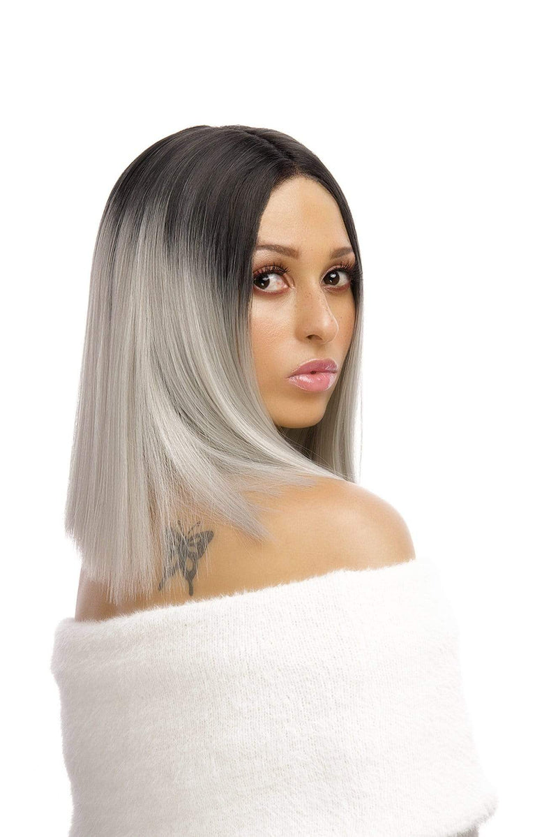 Frost Bite Wig 13.5" Straight Bob 13inch Lace Front Middle Part Synthetic Hair Wig Ombre Grey