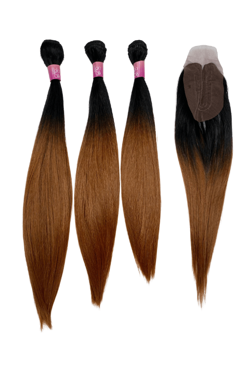 Synthetic Bundles Synthetic Straight Weaves - 3 Bundles 22” 20” 18” & Closure - Ombre